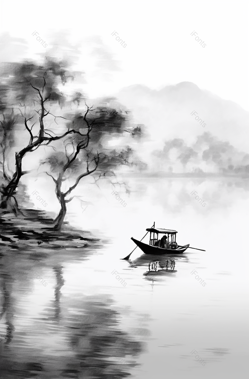 竖版中国风水墨意境山水画停泊在岸边的小船和坐在船上的人,插画/手绘图,插画/手绘图库,插画/手绘图下载,插画/手绘